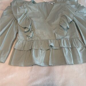 Express Ruffled V-Neck Blouse in Soft Green